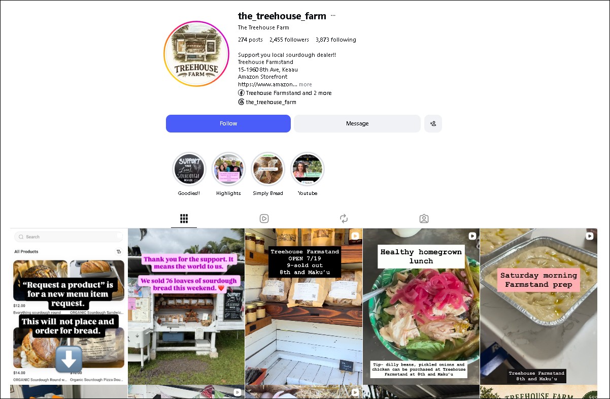 Treehouse Farm Instagram - sourdough bread and farmstand in Keaau